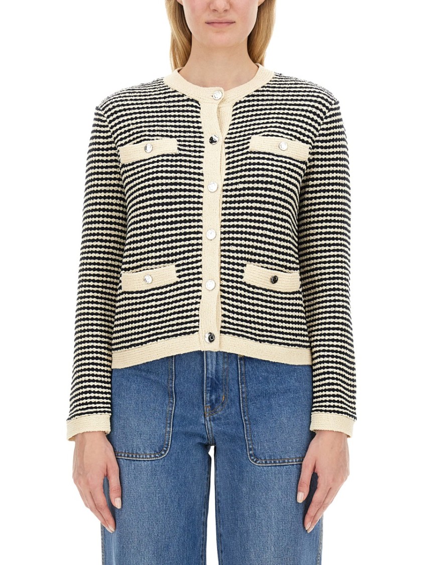 Tory Burch Kendra Contrasting-trim Striped Cardigan In Blue