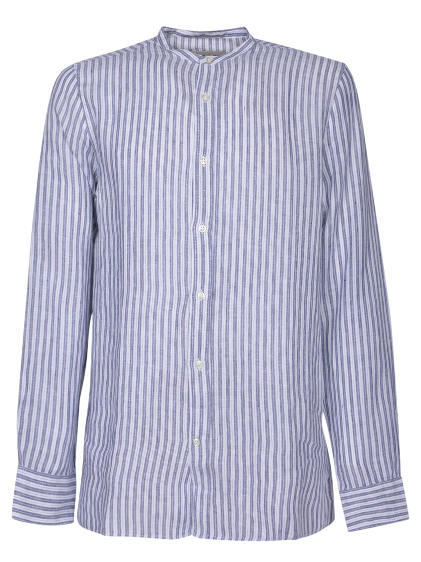 Shop Officine Generale Classic Striped Linen Blend Shirt With Long Sleeves In Grey