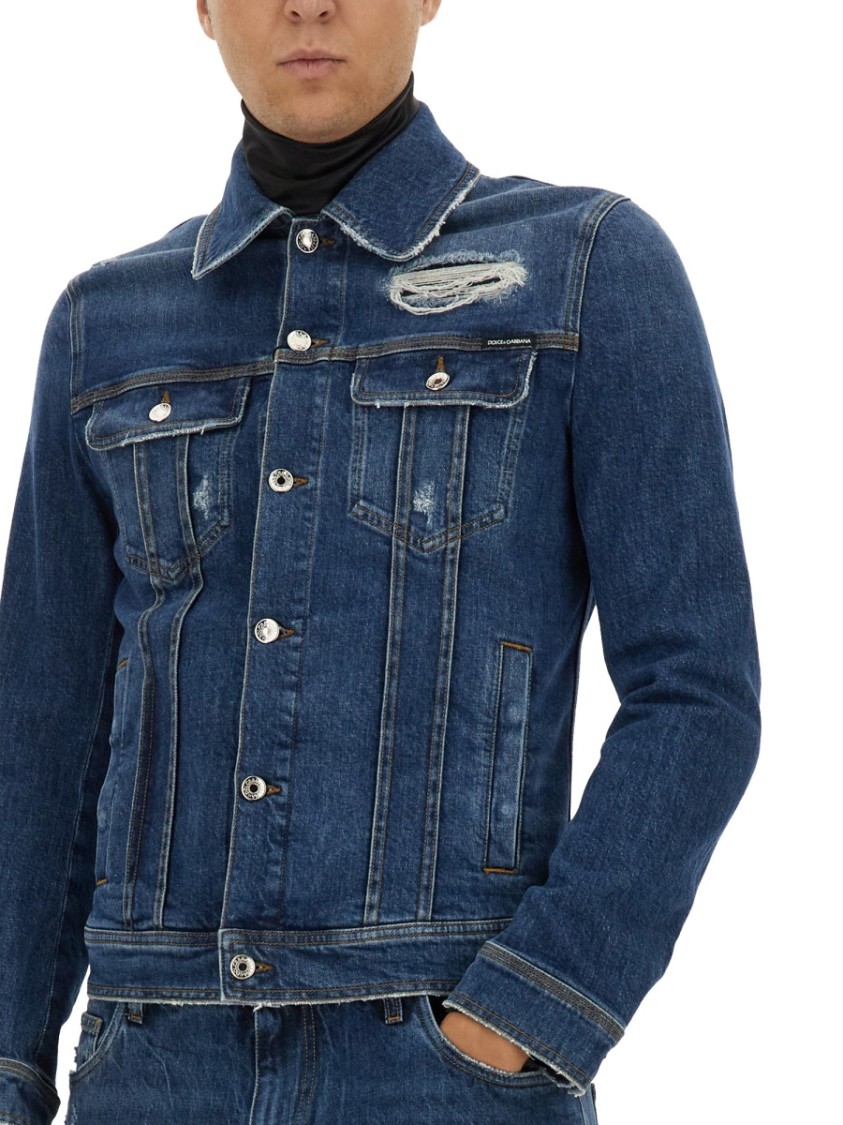 Dolce & Gabbana Blue Jacket With Classic Collar And Rips In Denim Stretch Man In Blue