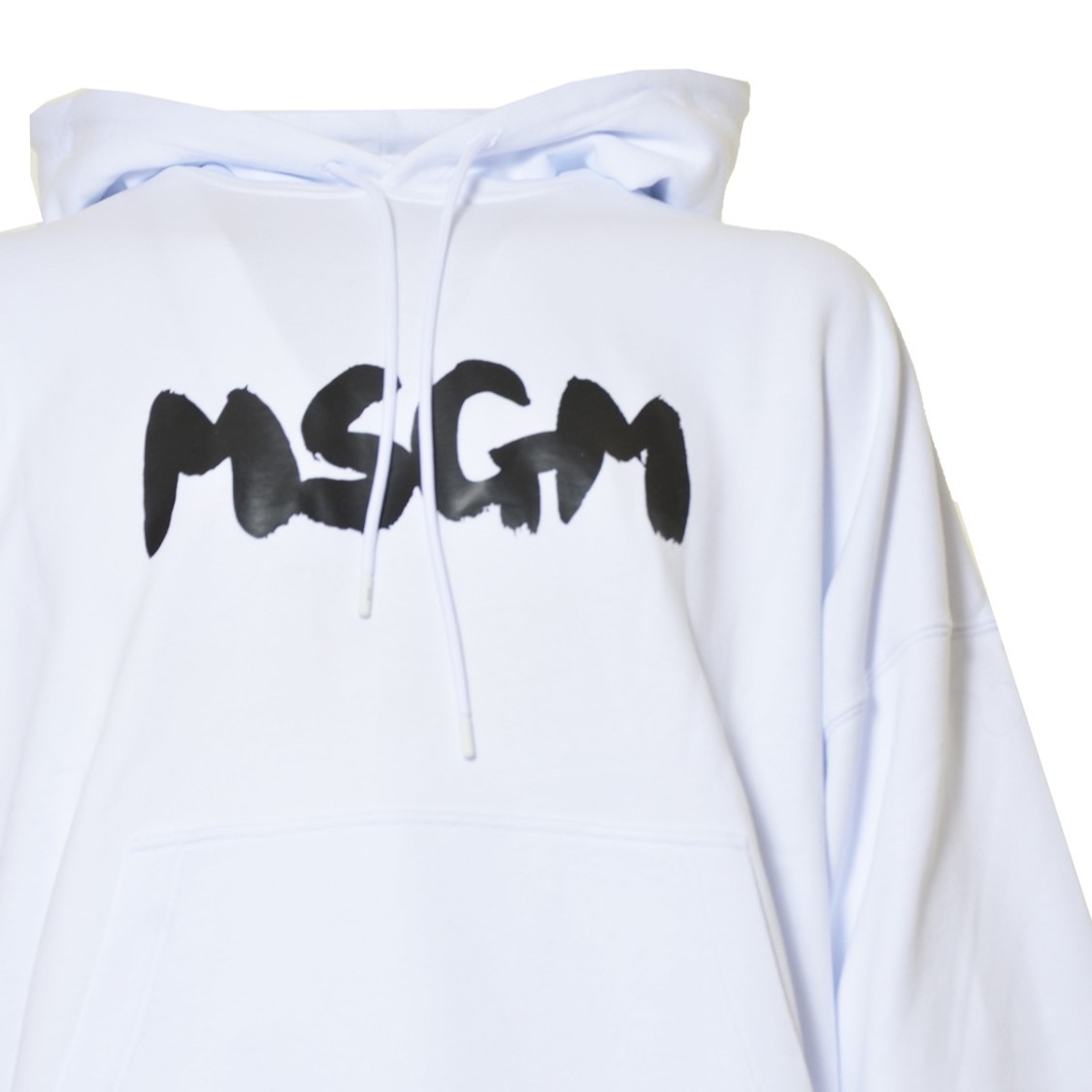 MSGM MSGM WHITE COTTON HOODIE WITH LARGE BRUSHSTROKE LOGO PRINT