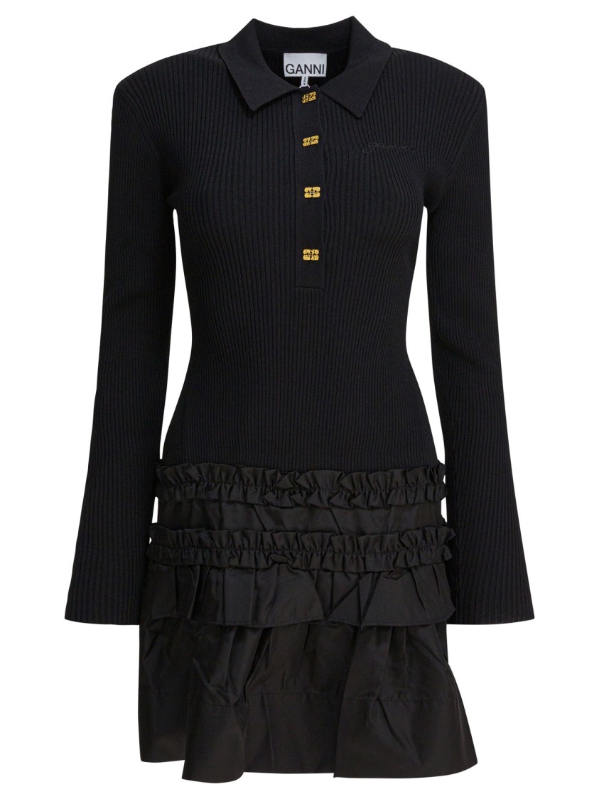 Ganni Black Flared Dress With Ribbed Details In Black