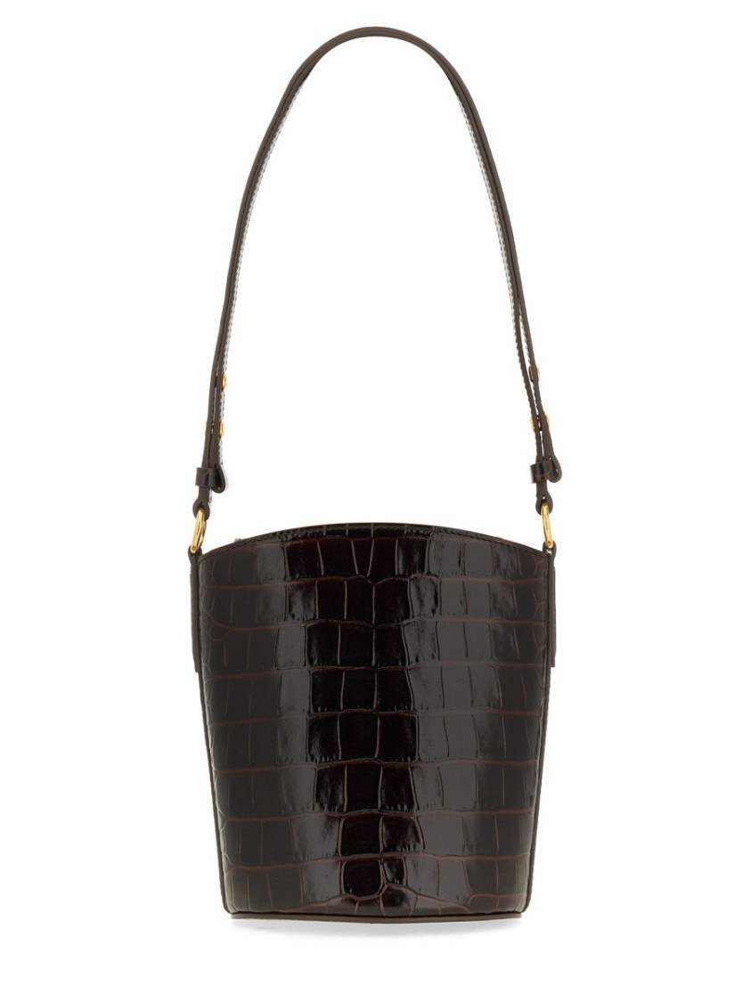 Tom Ford Small Shiny Stamped Croc Bucket Bag In Brown