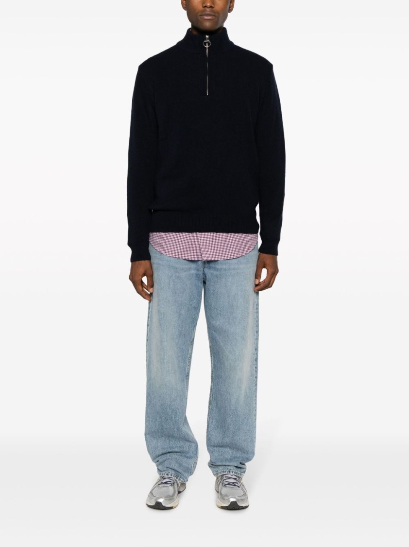 Barbour Ribbed Knit Half-zip Sweater With Classic Funnel Neck And Elbow Patches In Black