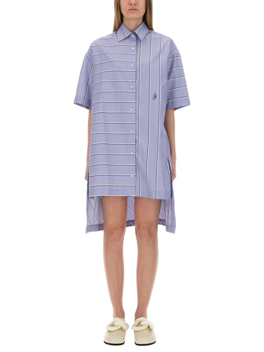 Jw Anderson J. W. Anderson Patchwork Cotton Shirt Dress With Asymmetric Hem In Blue