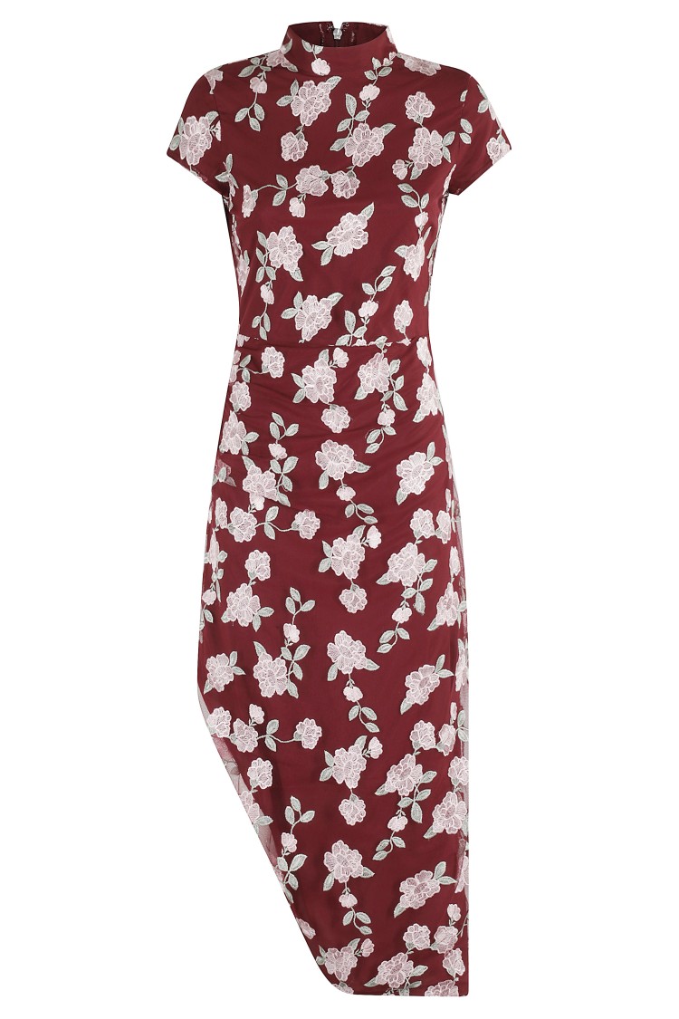 Rotate Birger Christensen Rotate Asymmetric Red Dress With Floral Embroidery And Short Sleeves In Red
