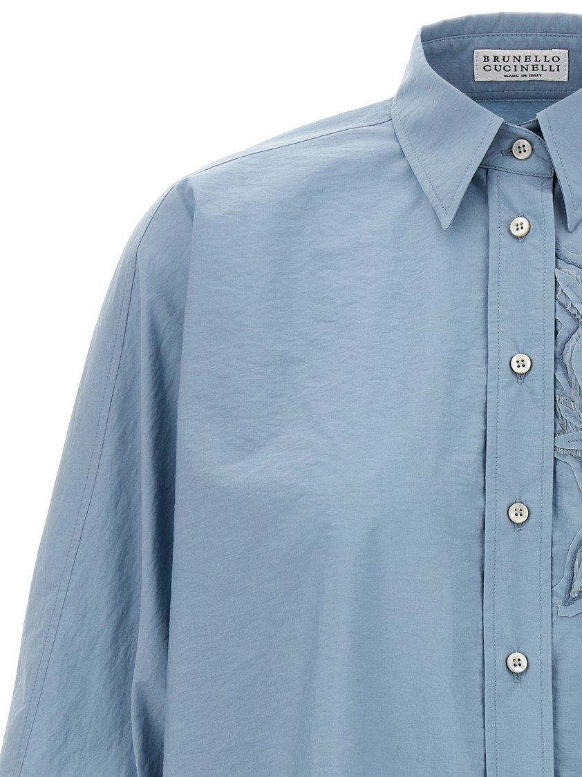 Brunello Cucinelli Intarsia Shirt With Embroidered Inlaid Detail In Blue
