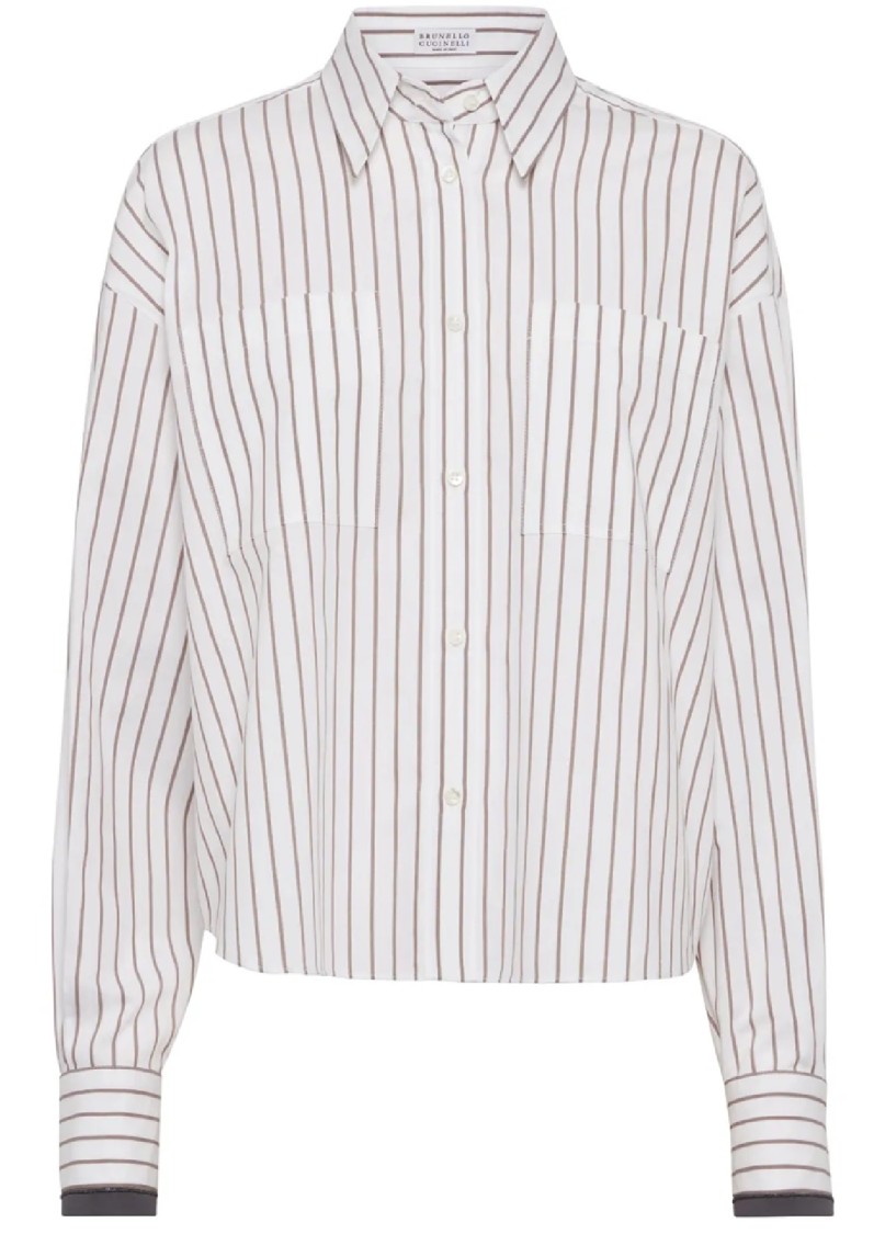 Shop Brunello Cucinelli Long-sleeve Shirt With Vertical Stripes And Contrasting Cuffs In White