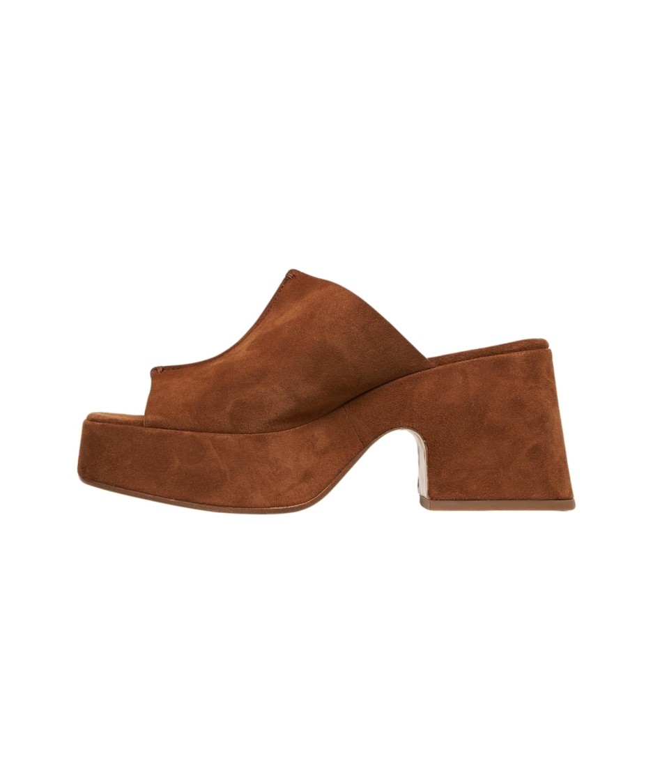 Curiosite Suede Sabots With Exquisite Top Stitching In Brown