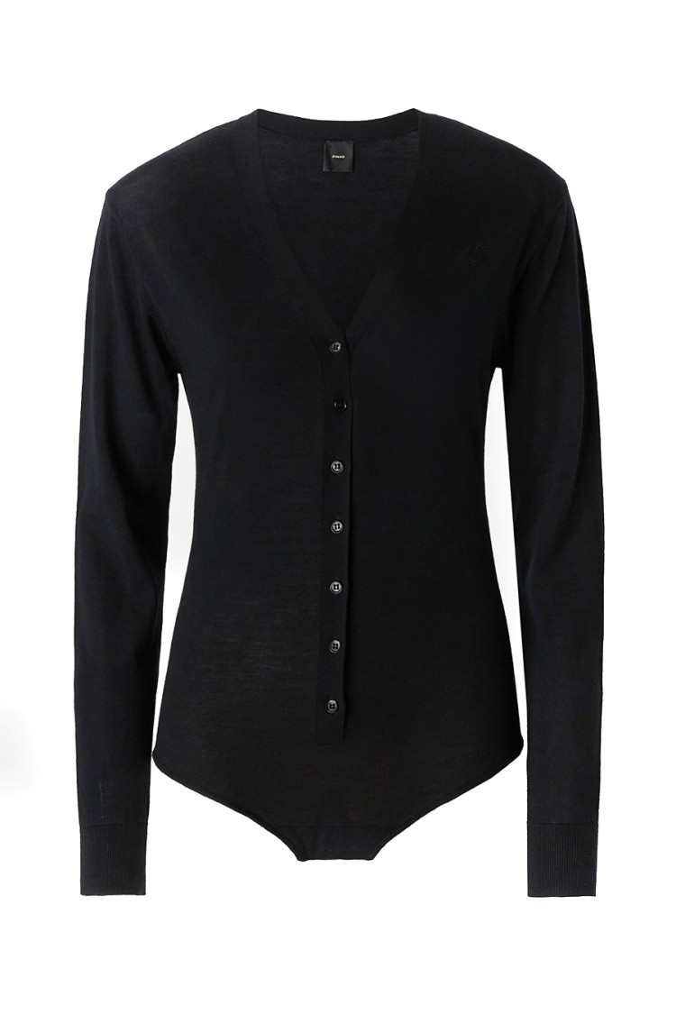 PINKO PINKO BLACK WOOL BODYSUIT WITH DEEP V-NECKLINE 