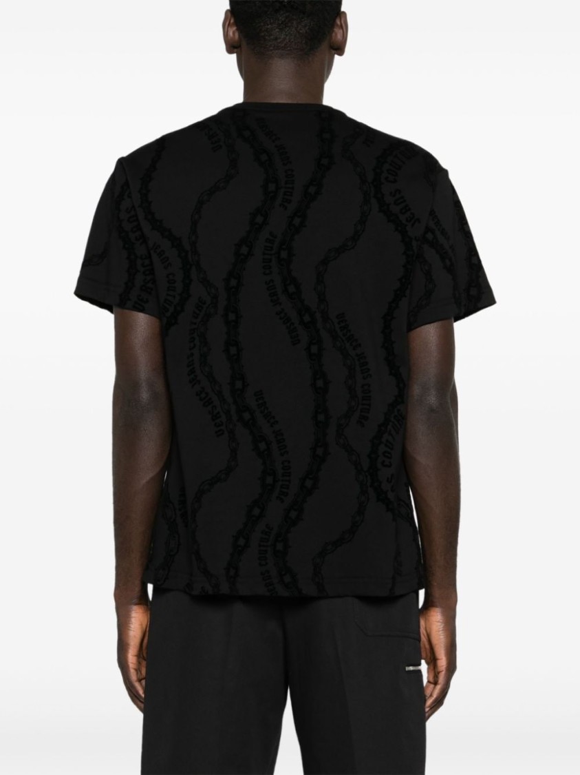 Shop Versace Jeans Couture Textured Pattern Black T-shirt With Classic Crew Neckline