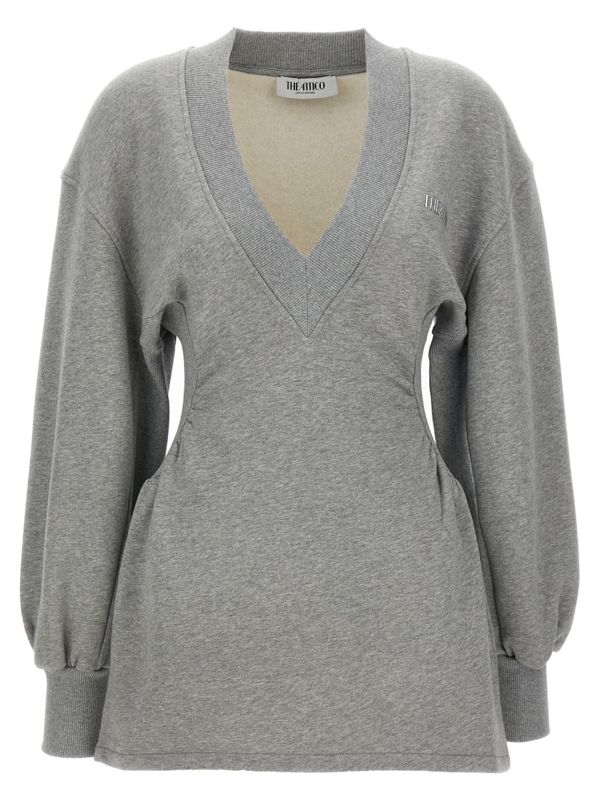 Attico Grey Mini Dress With V Neck And Logo Lettering On The Front