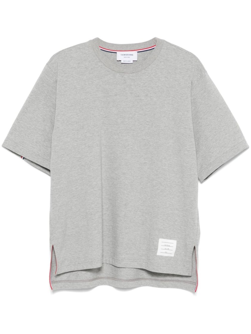 Thom Browne Grey Crewneck T-shirt With Logo Patch On The Front And Striped Detail On The Rear In Cotton Man In Gray