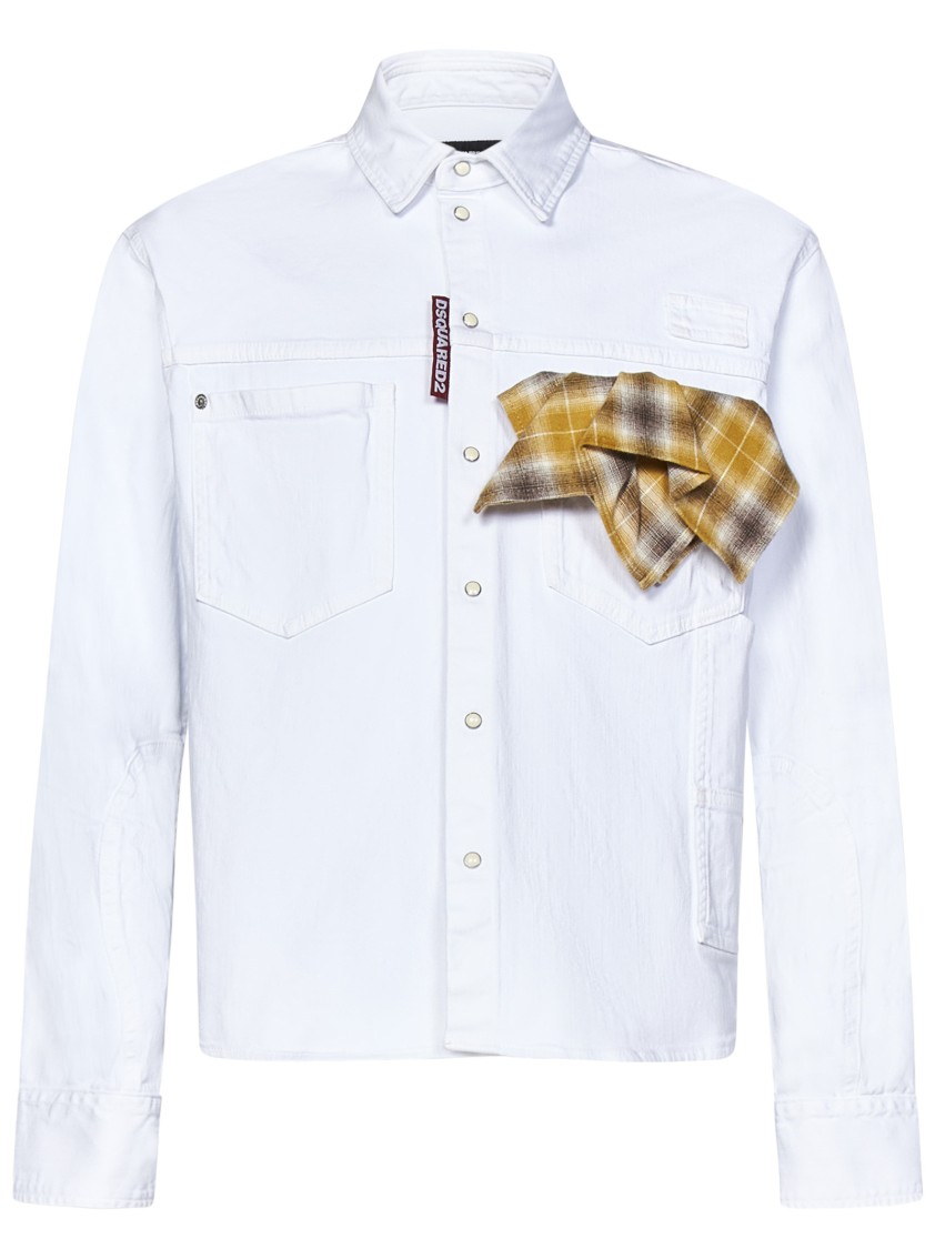 Dsquared2 White Cotton Denim Carpenter Shirt With Checked Pocket Square In White