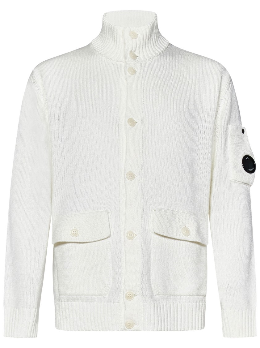 C.p. Company White Cardigan With High Neck And Lens Motif Applied On The Sleeve In Cotton Man