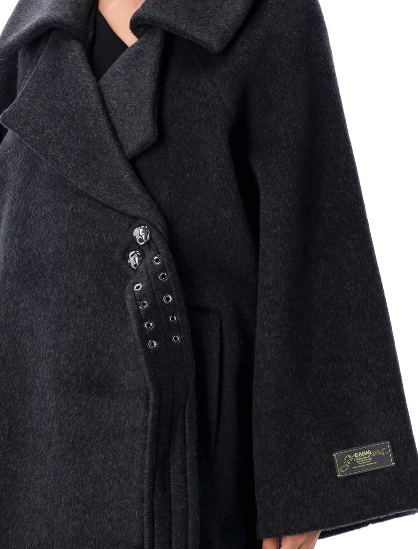 Ganni Double-face Wool Lace-up Coat In Black