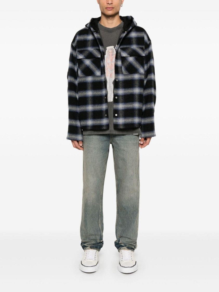 Represent Mens Midnight Navy Check-pattern Hooded Flannel Jacket In Blue