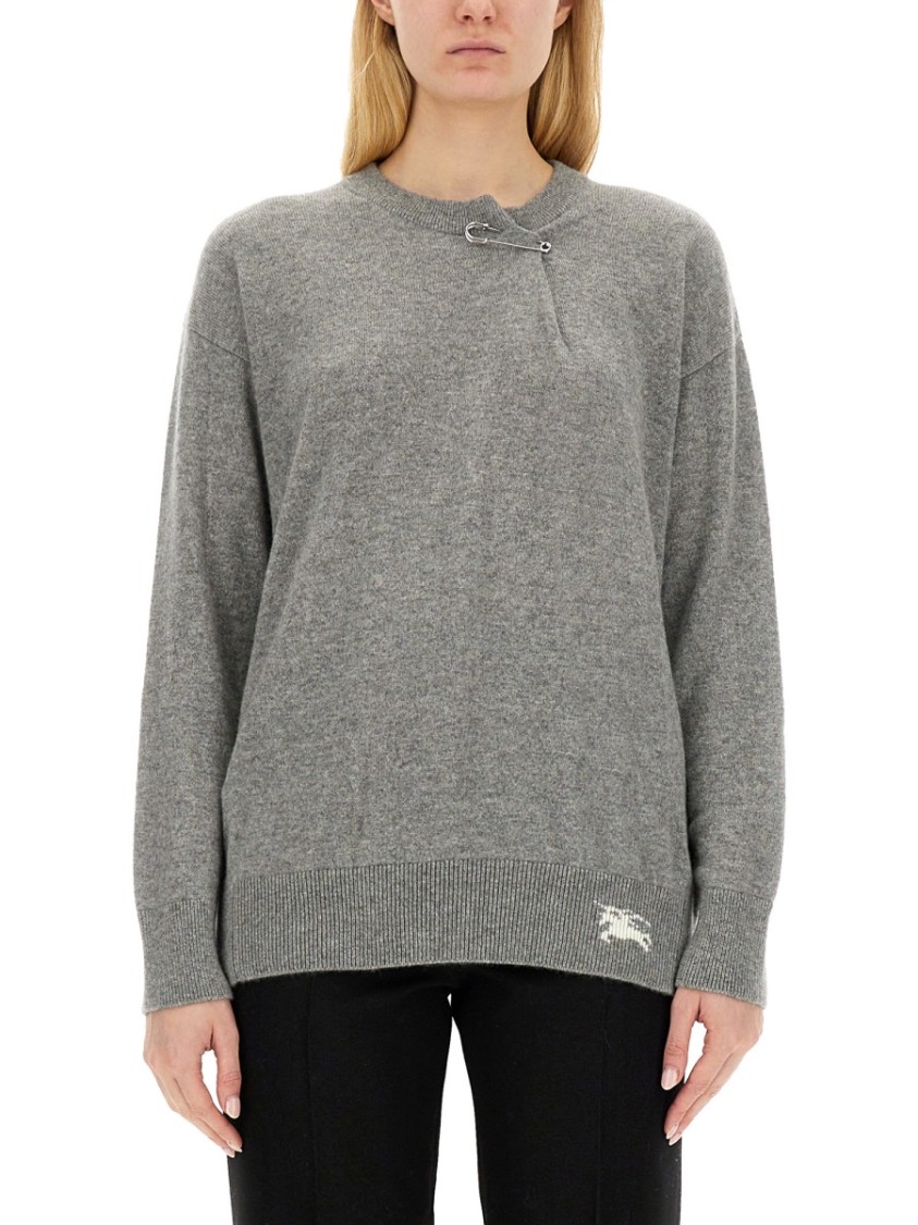Burberry Cashmere Sweater With Unique Kilt Pin Detail In Grey