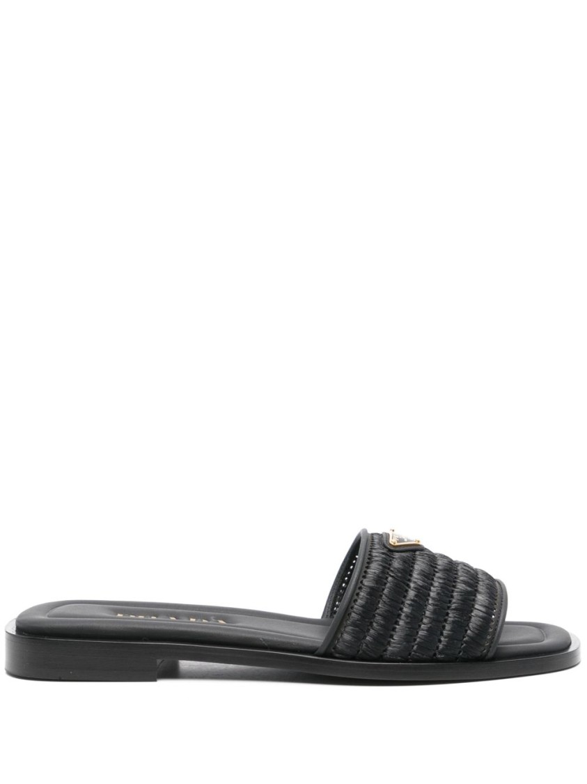 Prada Black Sandals With Woven Strap And Logo Accents In Black