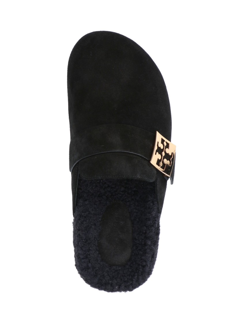 Tory Burch Mellow Logo Plaque Shearling Flat Mules In Black