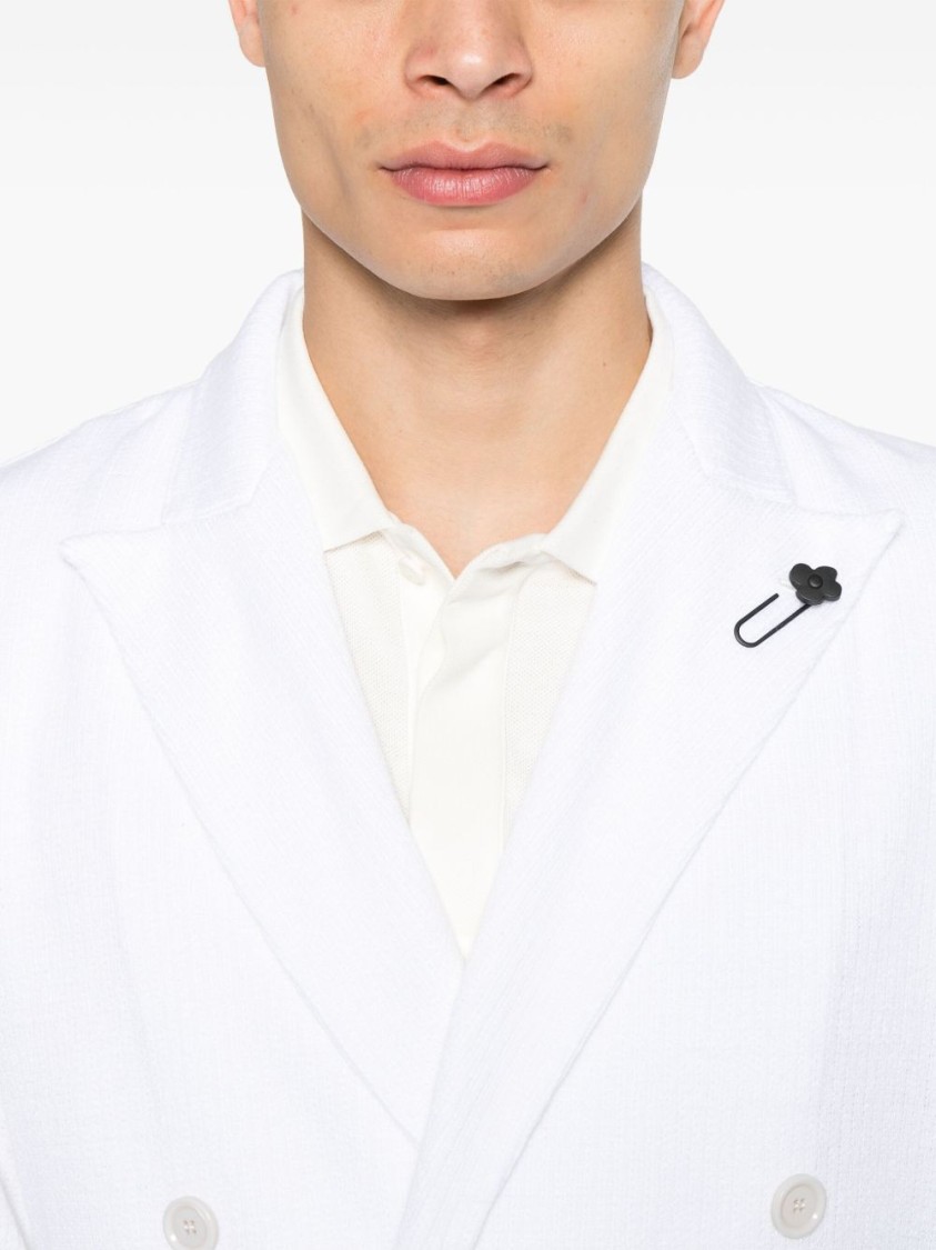 Lardini Double-breasted Linen Jacket With Brooch Detail In White