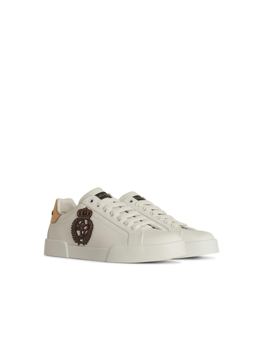 Dolce & Gabbana Iconic Leather Sneakers With Embroidered Crest And Luxurious Detailing In White