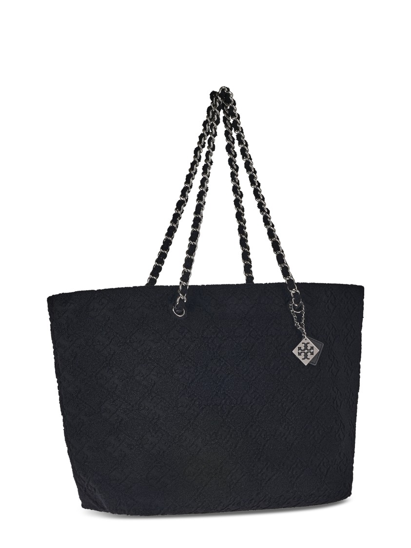 Tory Burch Textured Black Terry Chain Tote With Spacious Interior In Black
