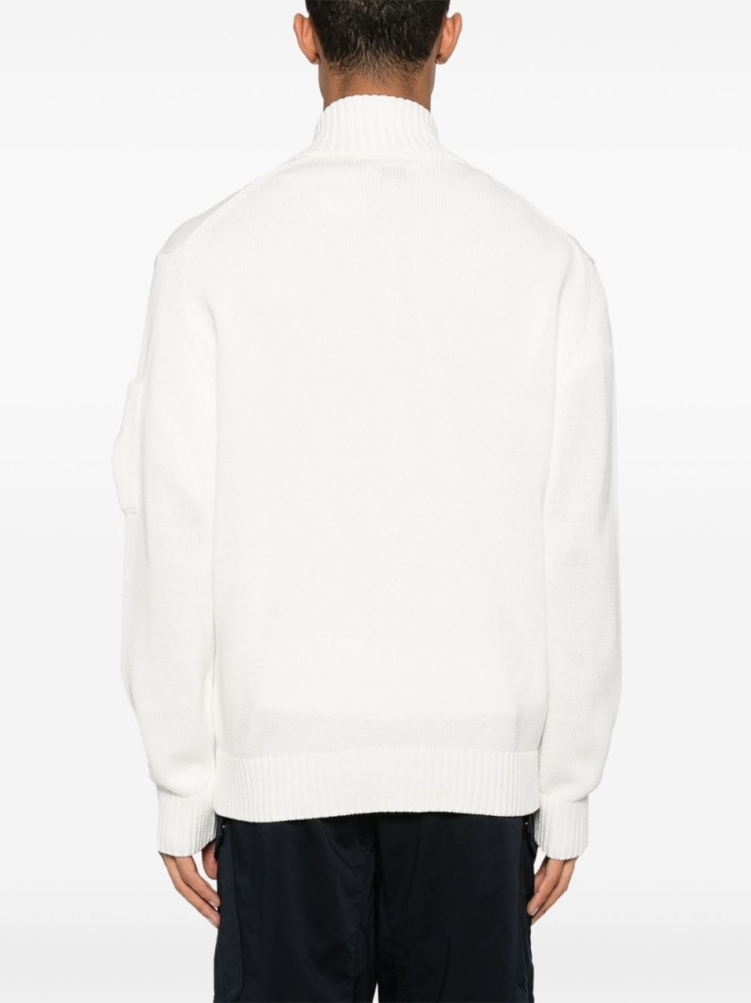 C.p. Company White Cardigan With High Neck And Lens Motif Applied On The Sleeve In Cotton Man