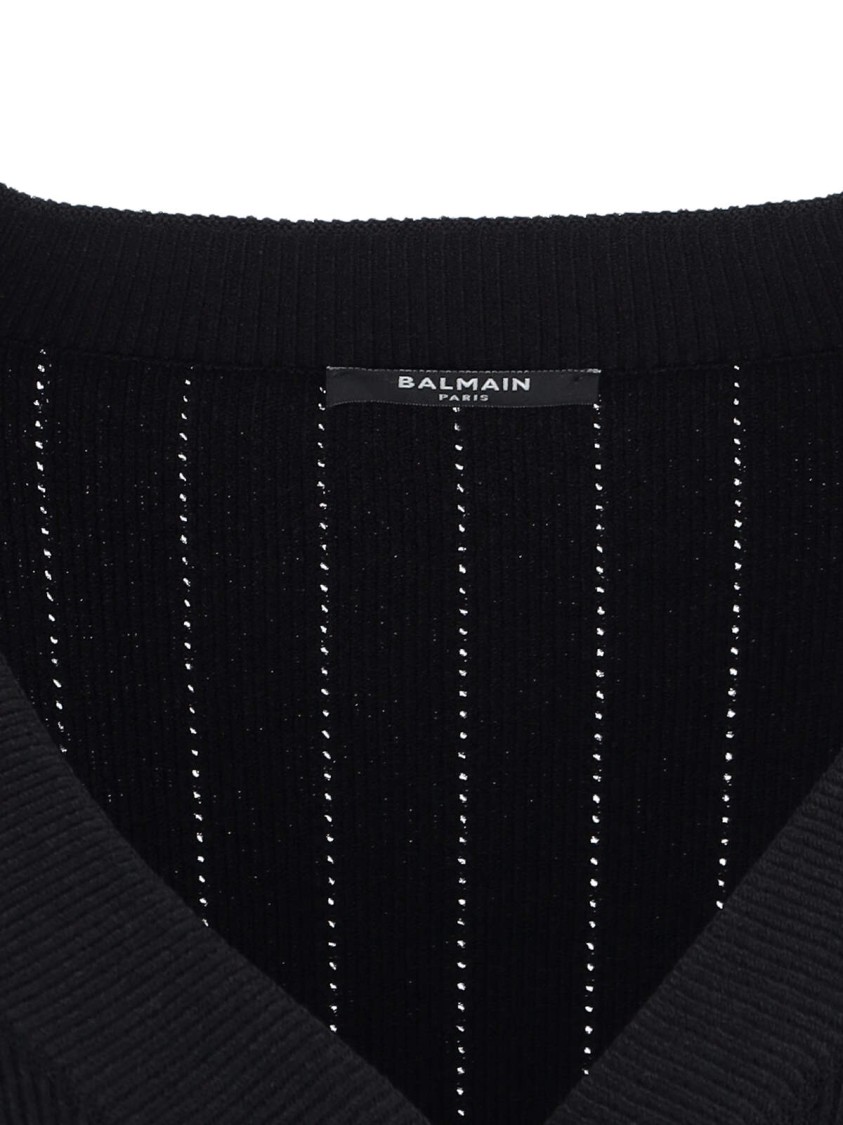 Balmain Black Ribbed Cardigan With Shoulder Pads And Logoed Metal Buttons