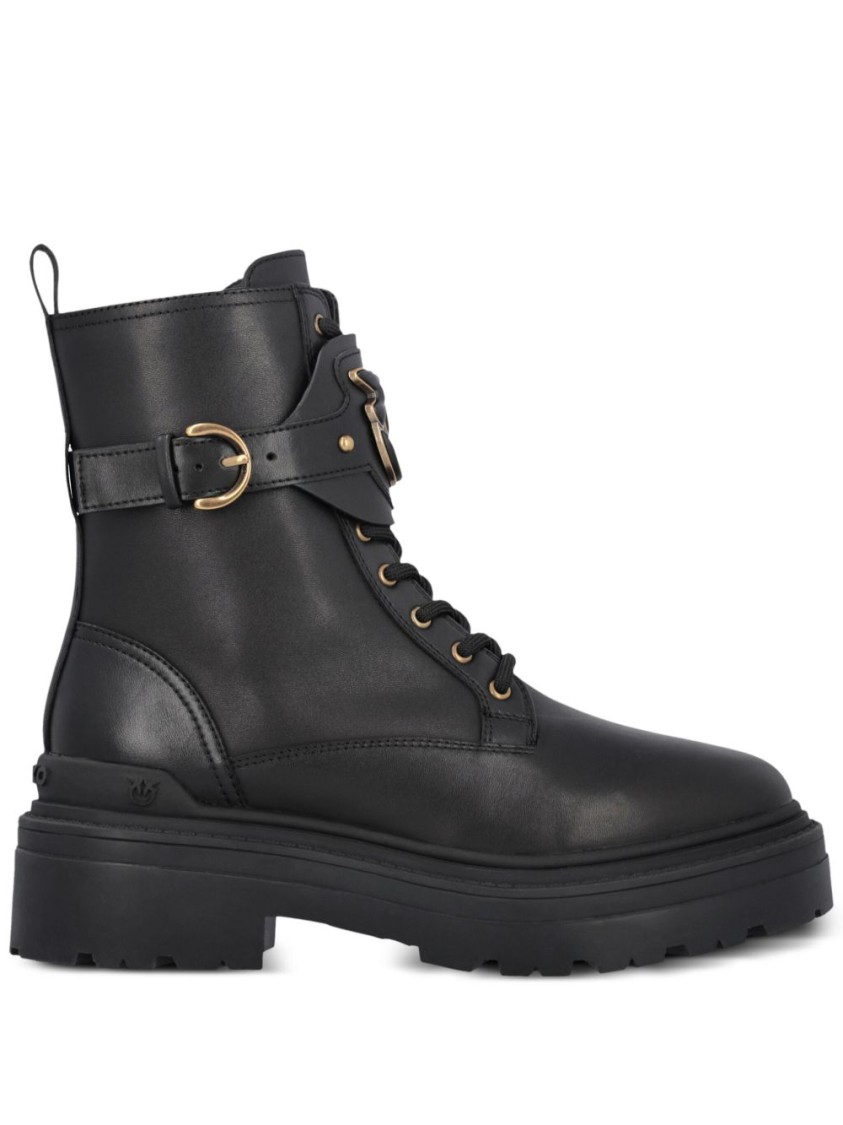 Pinko Chunky Platform Black Leather Boots With Decorative Buckle In Black