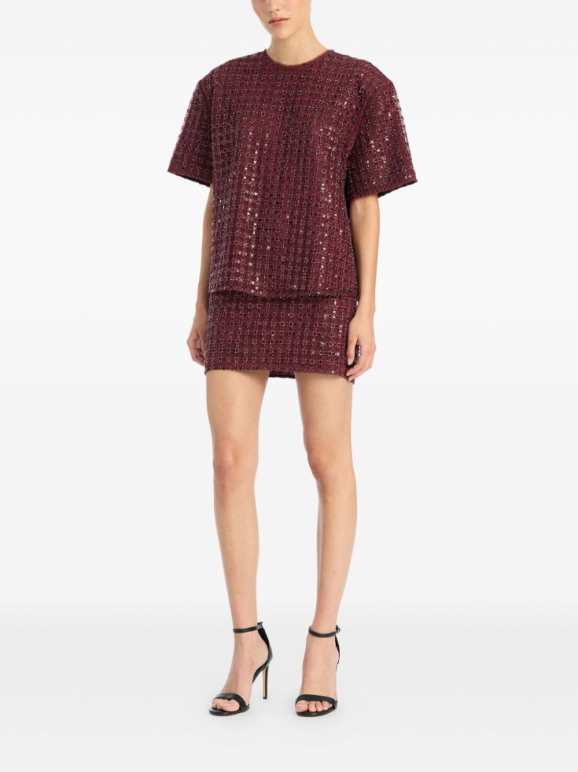 Rotate Birger Christensen Mesh Midi Skirt With Floral Bead Embroidery In Burgundy