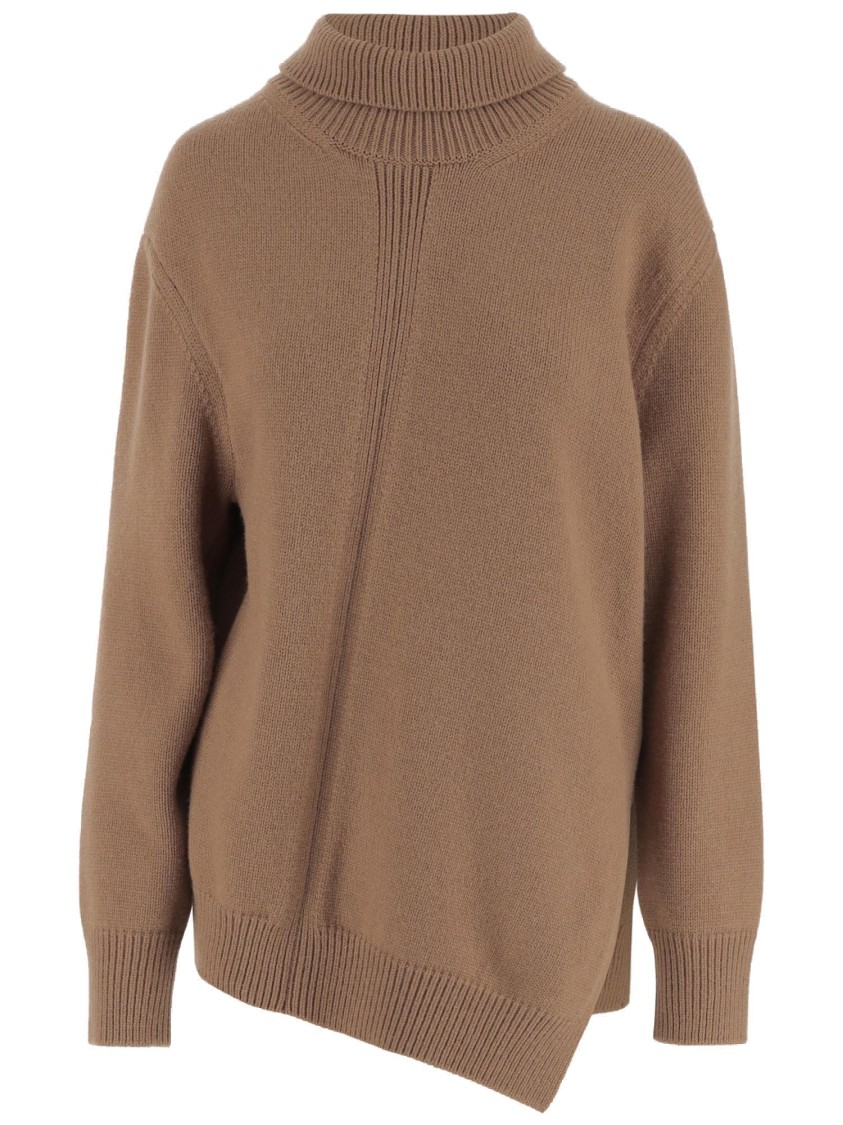 Jil Sander Asymmetrical High Neck Knit Sweater In Brown
