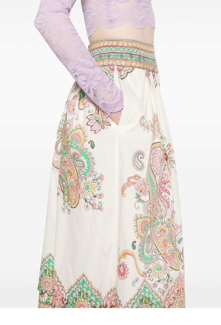 Etro Womens Print On White Base Floral-print High-rise Cotton Midi Skirt In Neutral
