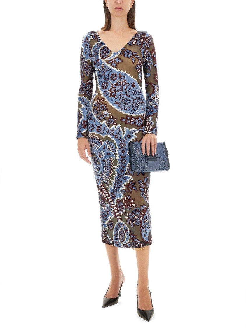 Etro Devore Velvet Midi Dress In Blue