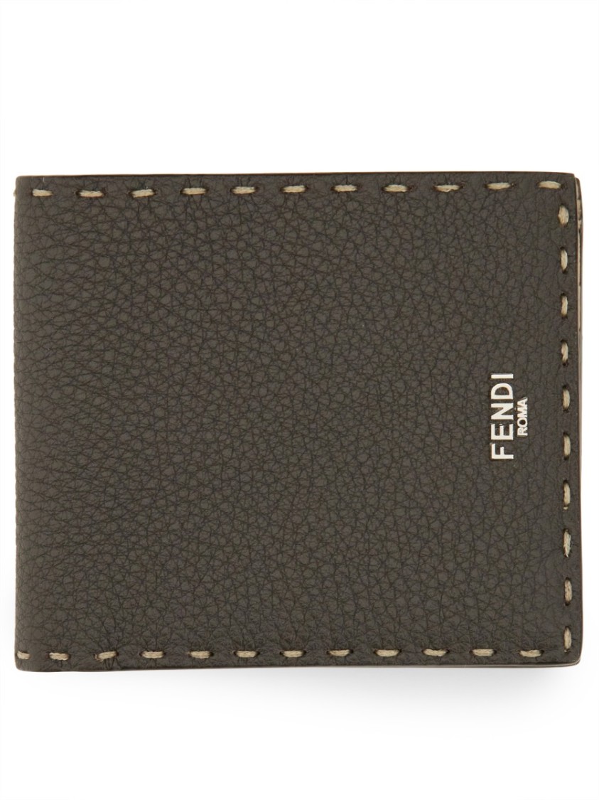 Fendi Exposed Stitching Leather Bifold Wallet In Grey