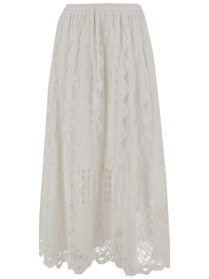 Pinko Flowing Maxi Skirt With Intricate Lace Detailing In White