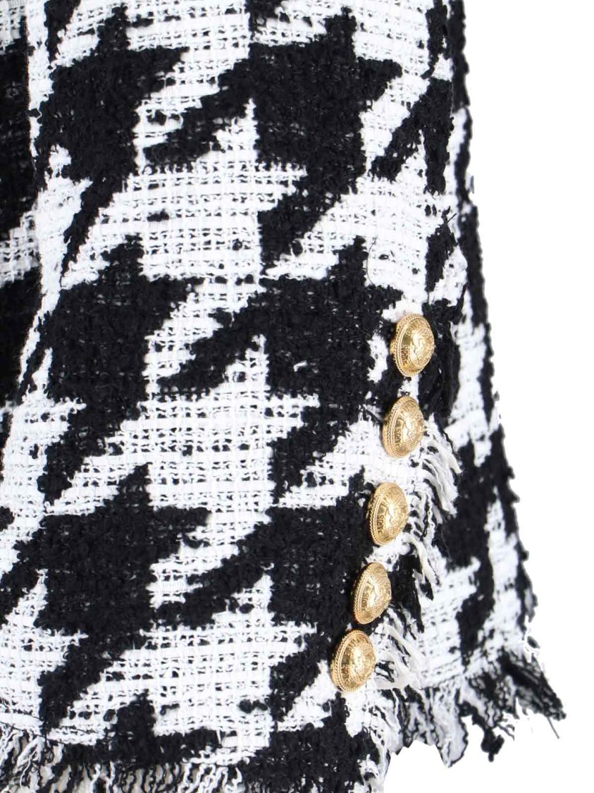 Balmain Spencer Black And White Jacket With All-over Check Motif And Fringed Hem In Cotton Blend Woman In Black