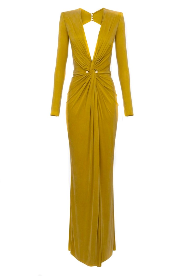 パーティードレス Elisabetta Franchi Draped Yellow Evening Dress With Deep Elisabetta Franchi Draped Yellow Evening Dress With Deep V