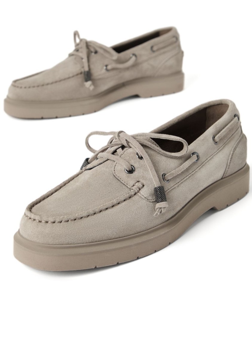 Brunello Cucinelli Soft Suede Grey Loafers With Lace-up Detail In Gray