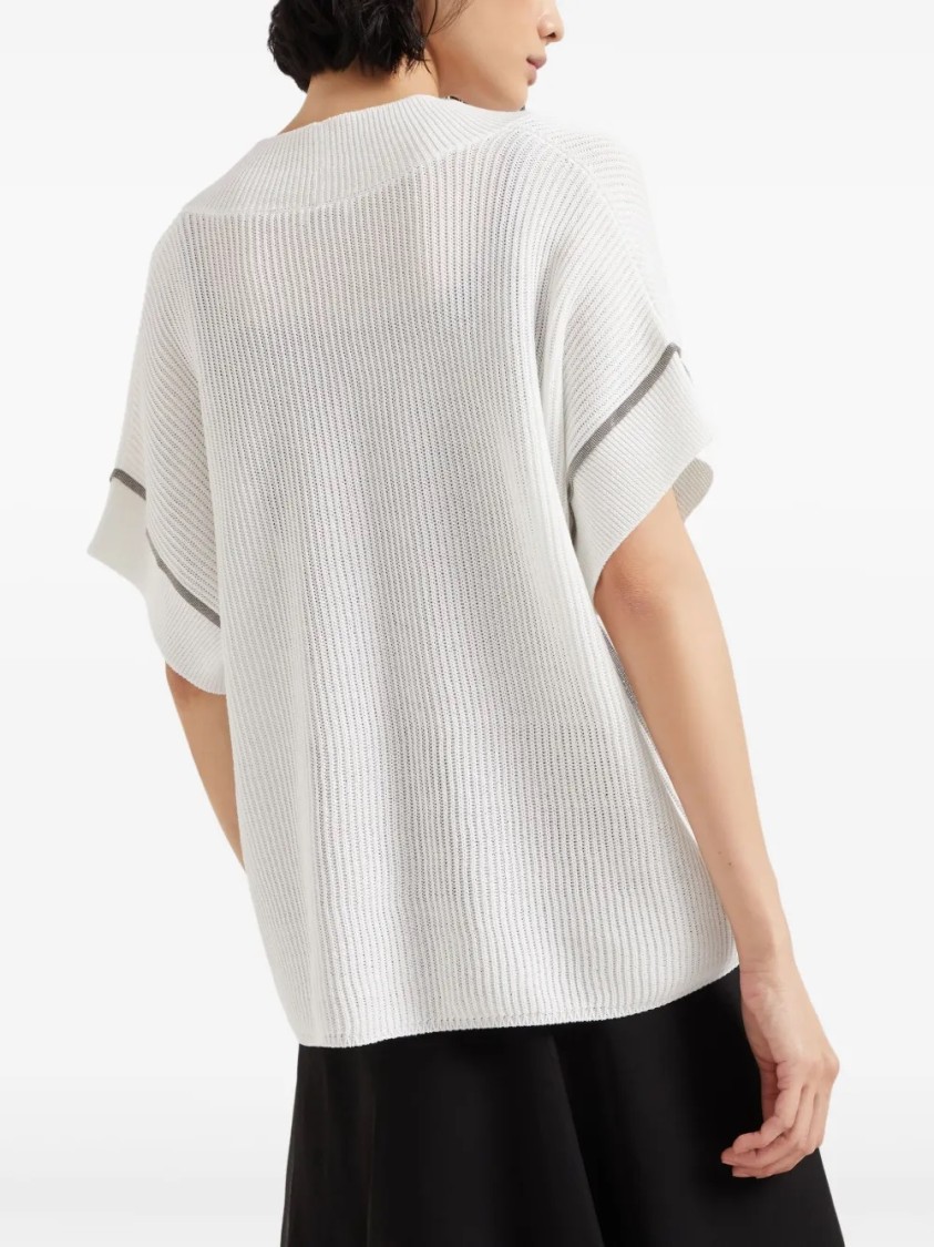 Brunello Cucinelli Textured Ribbed Top With Deep V-neckline In White