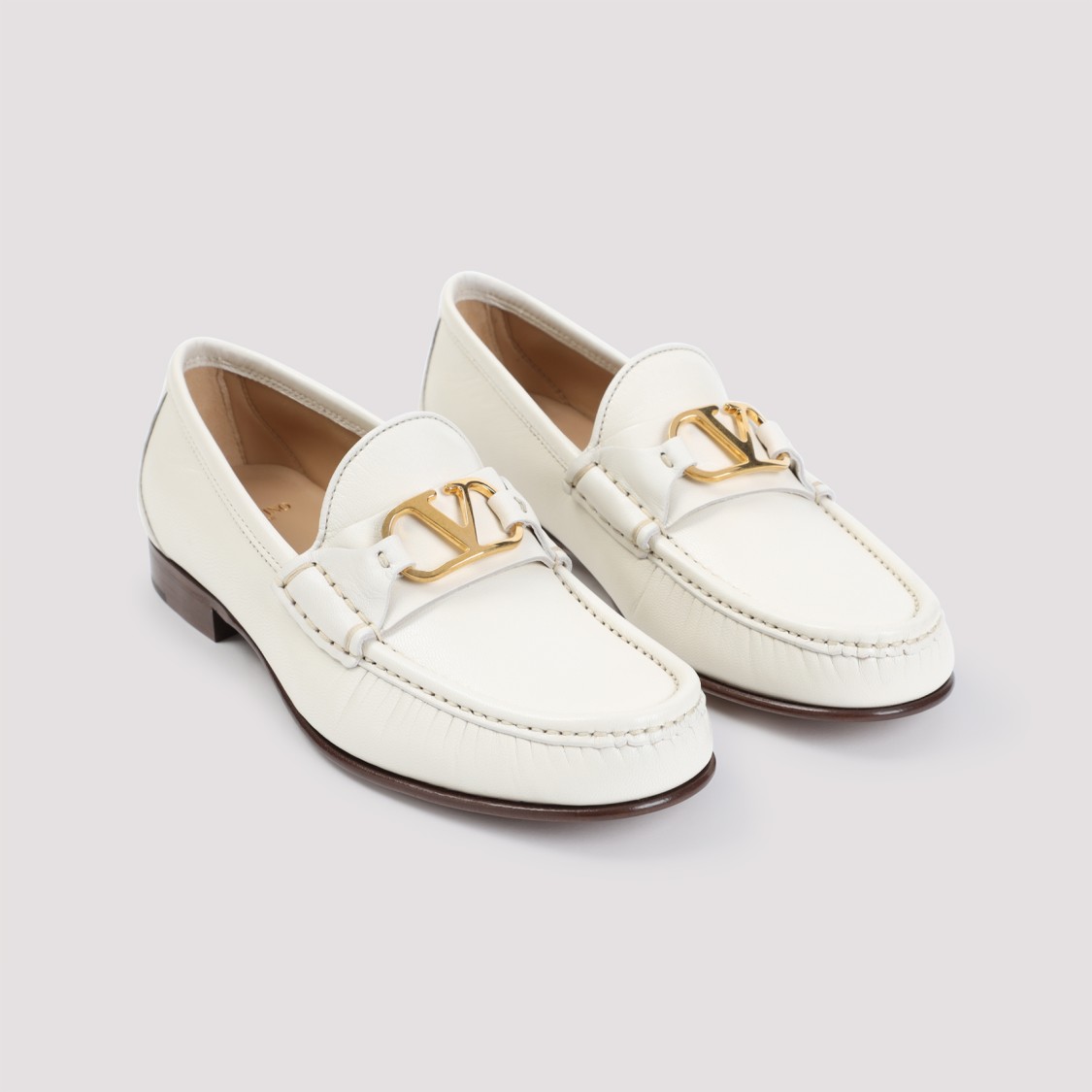 Valentino Ivory Leather Loafer With Golden Metal V Logo In White