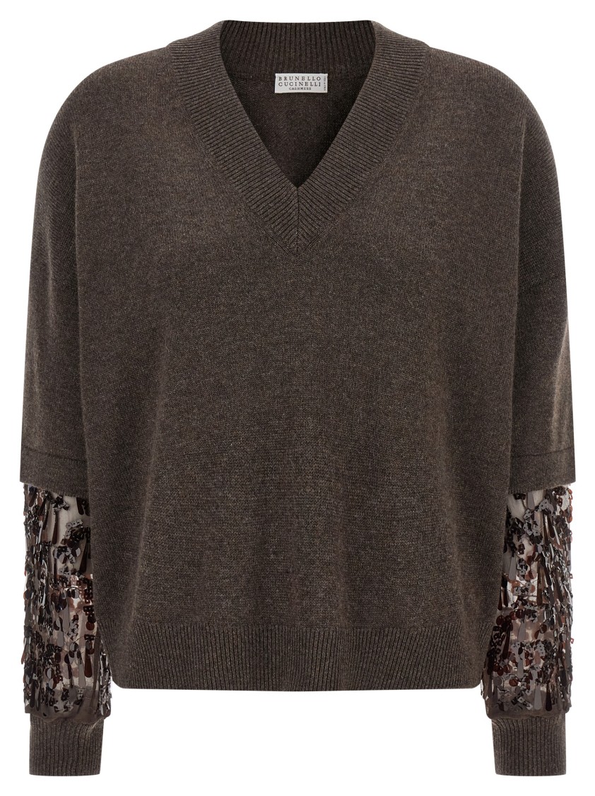 Brunello Cucinelli Sequin Sleeve Sweater Sweaters And Cardigans Brown In Brown