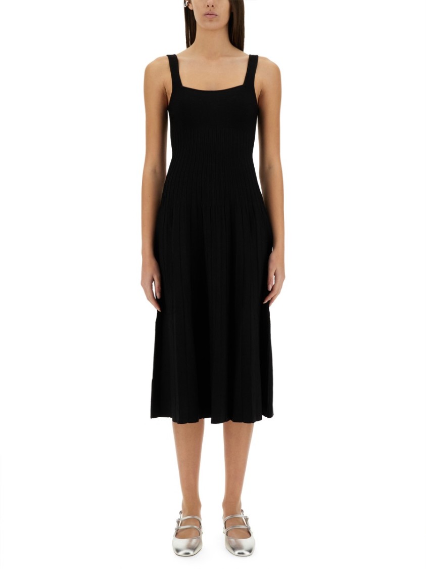 Staud Ellison Pleated Ribbed-knit Midi Dress In Black