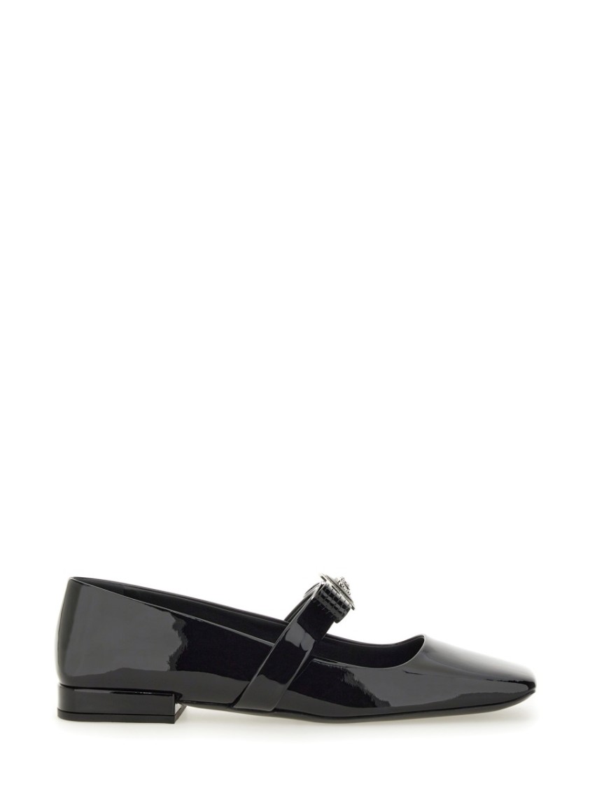 Versace Open-toe Ballet Flats In Gianni Ribbon In Black