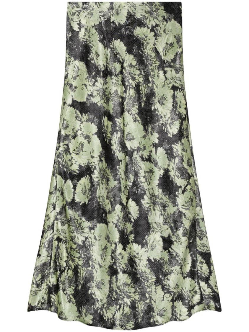 Tory Burch Floral Print Satin Midi Skirt In Green