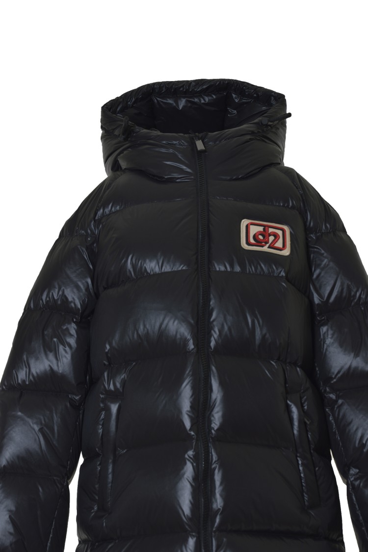 Dsquared2 D2 Long Down Jacket In Black Nylon With Hood In Black