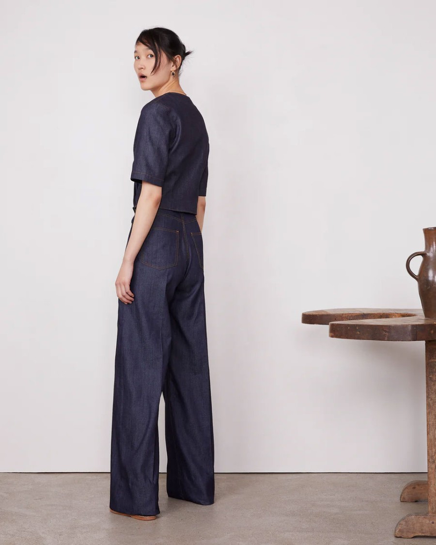 Officine Generale Dark Indigo Mid Waisted Wide Leg Jeans In Black
