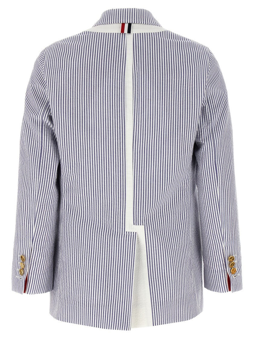 Thom Browne Striped Seersucker Blazer Featuring Patch Pockets In Blue