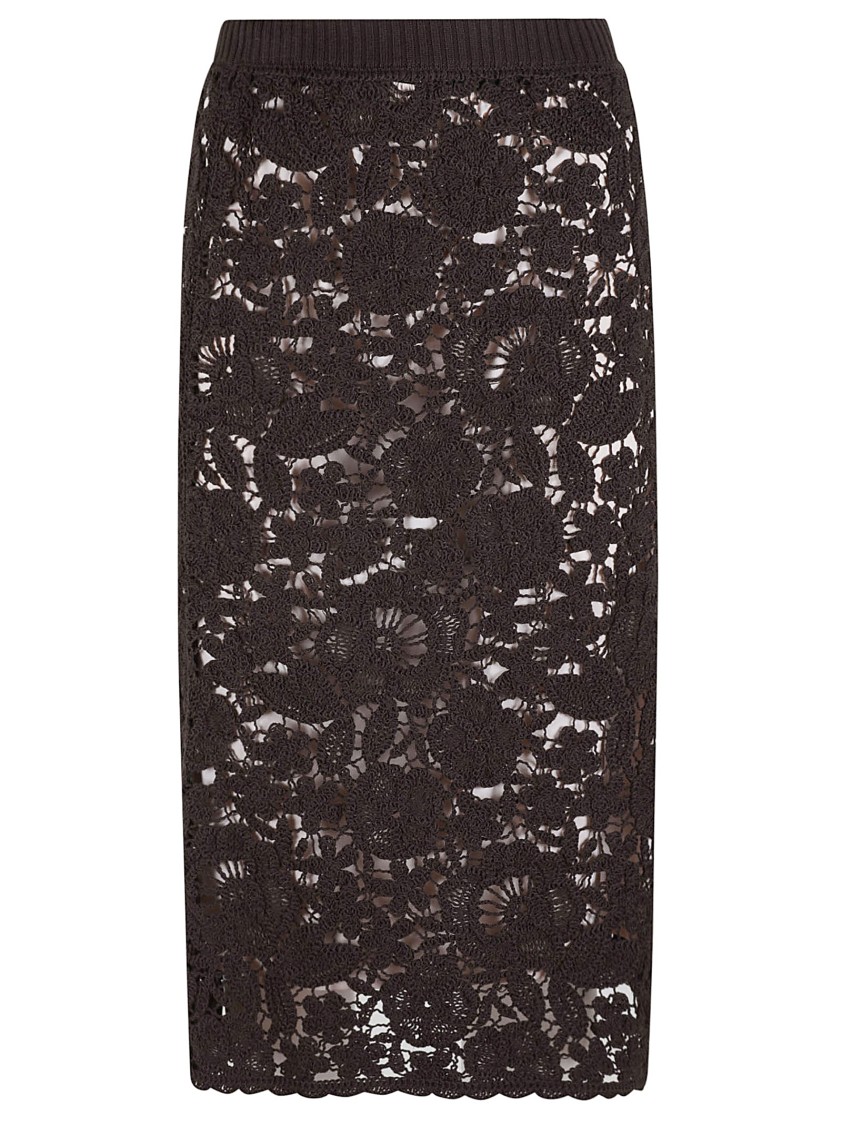 P.a.r.o.s.h . Delicate Lace Midi Skirt With Floral Patterns In Brown
