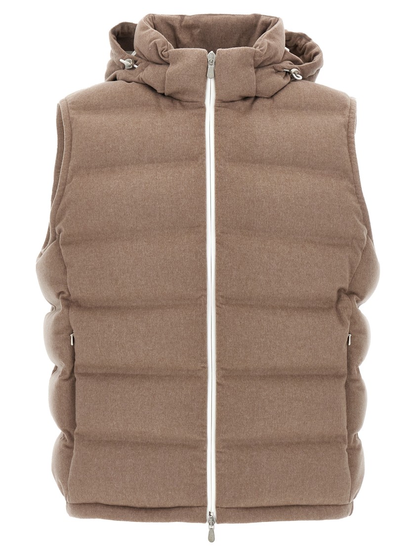 Brunello Cucinelli Men Sleeveless Wool Down Jacket With Detachable Hood In Brown