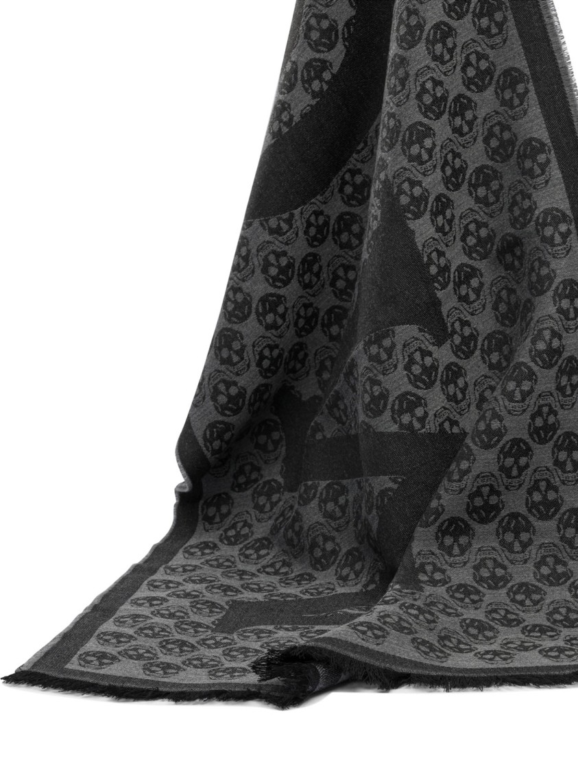 Alexander Mcqueen Multi-logo Wool Scarf With Fringed Edges In Black